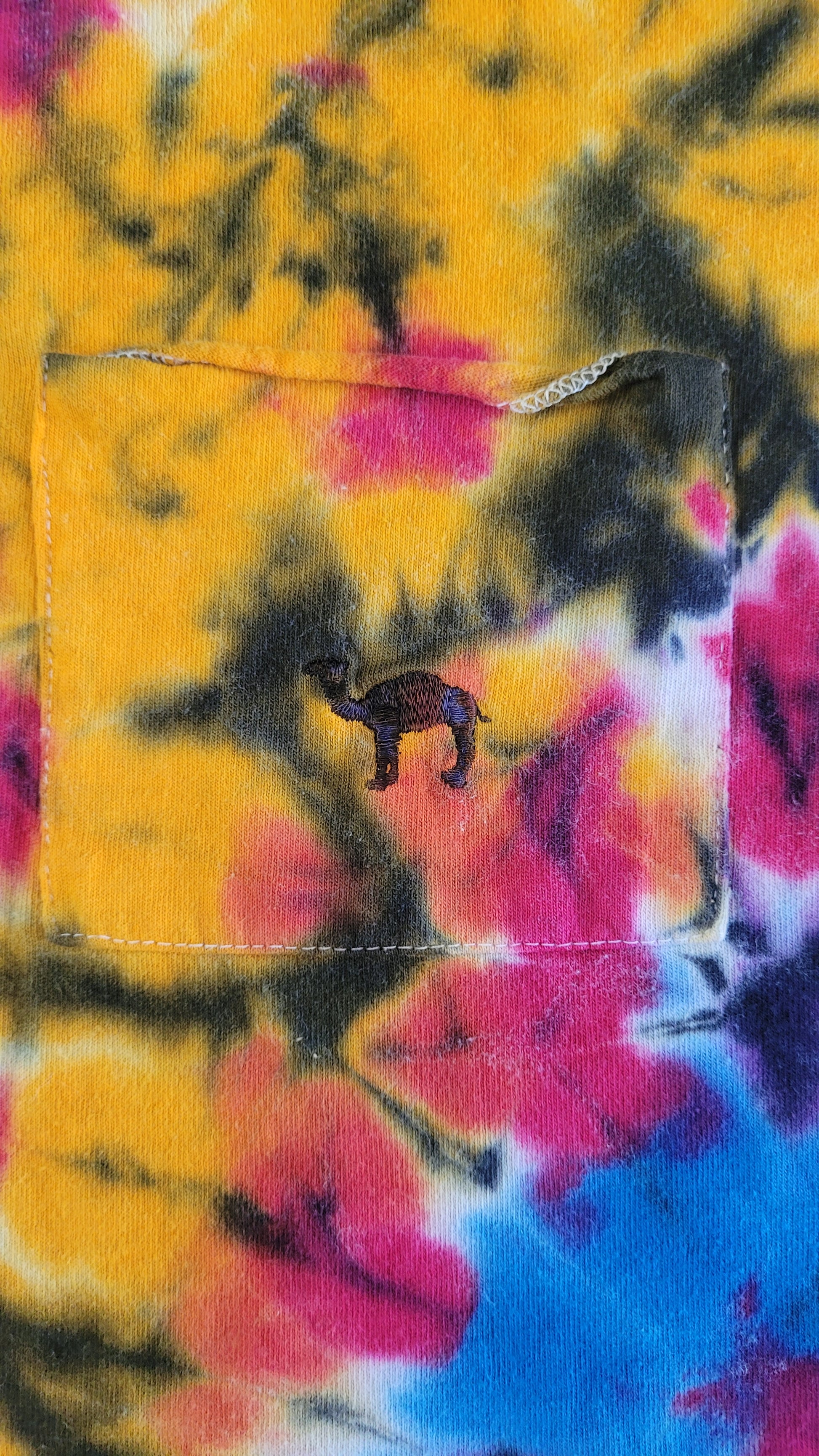 Close-up of a tie-dye fabric with multicolor patterns