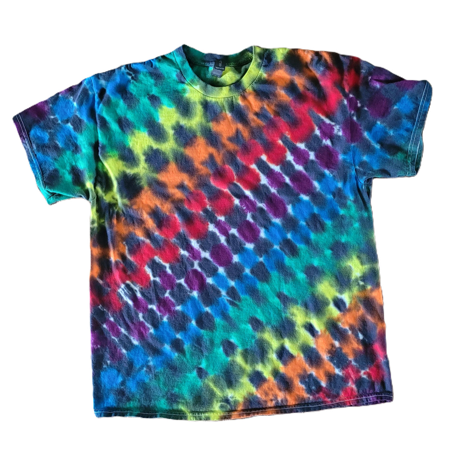 Multicolored tie-dye t-shirt on a white background