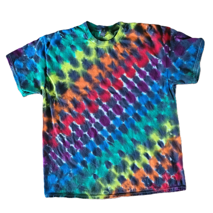 Multicolored tie-dye t-shirt on a white background