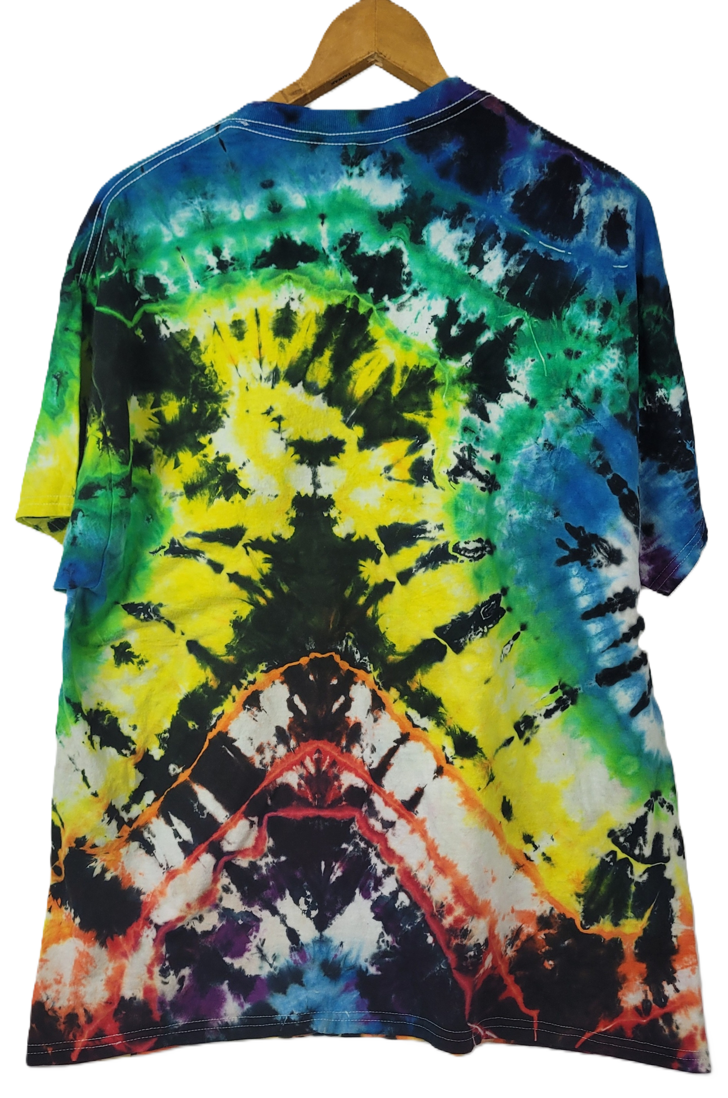 Tie-dye t-shirt with a colorful spiral pattern on a hanger.