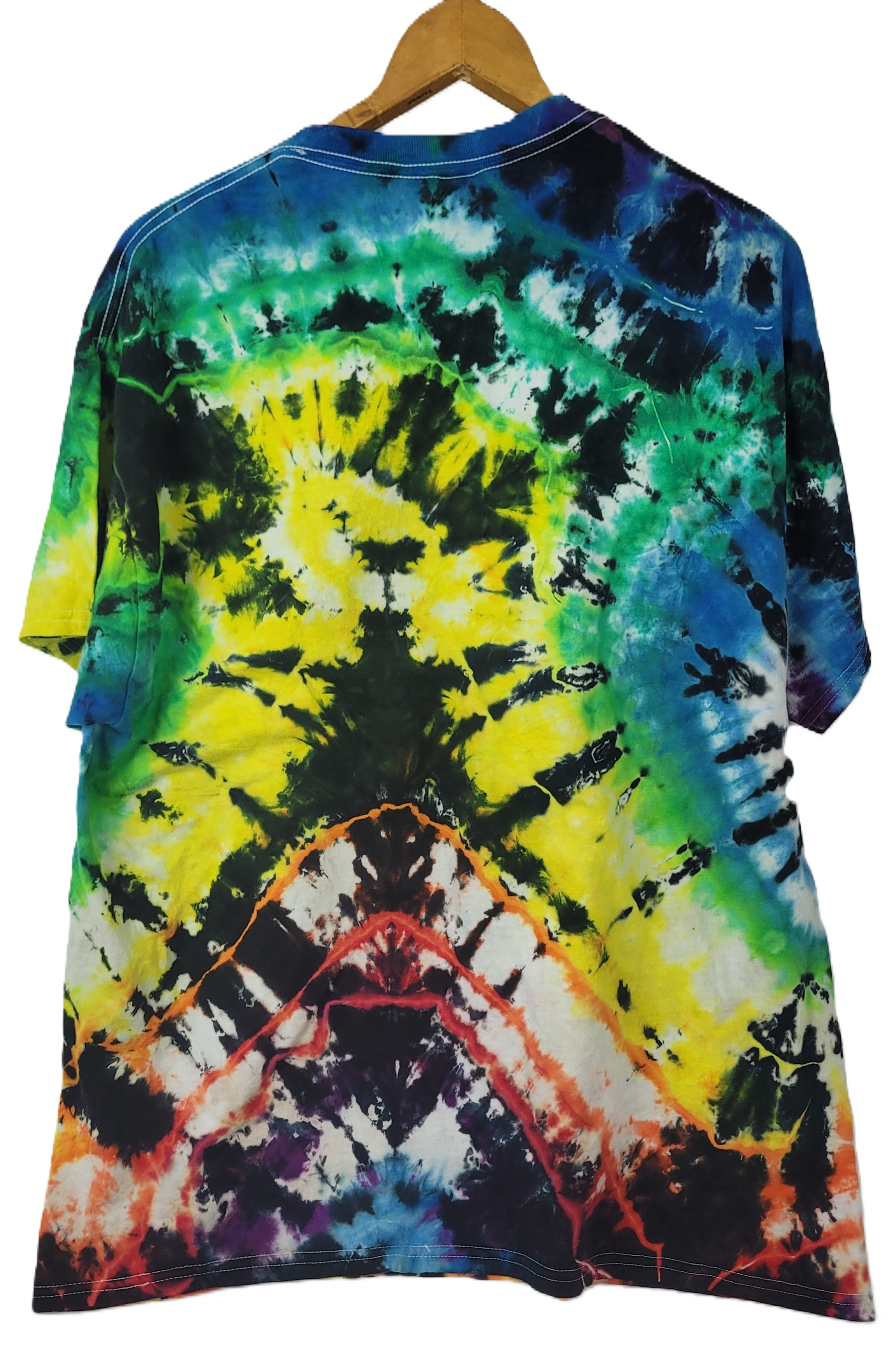 Tie-dye t-shirt with a colorful spiral pattern on a hanger.