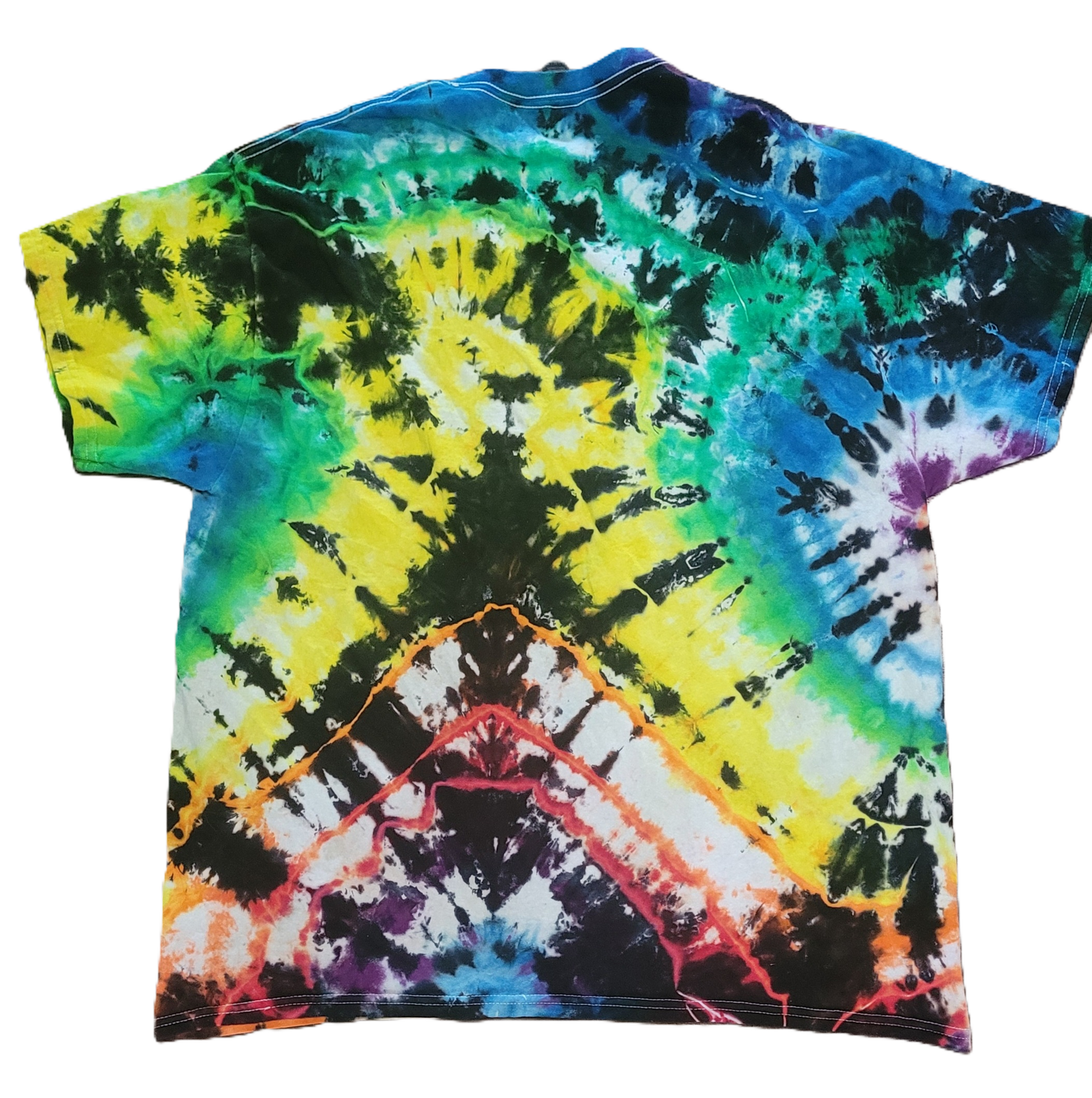 Multicolored tie-dye t-shirt with a vibrant pattern on a white background