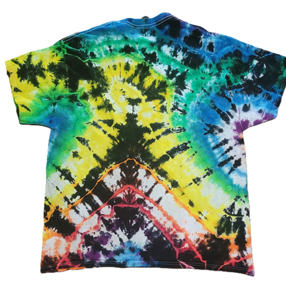 Multicolored tie-dye t-shirt with a vibrant pattern on a white background
