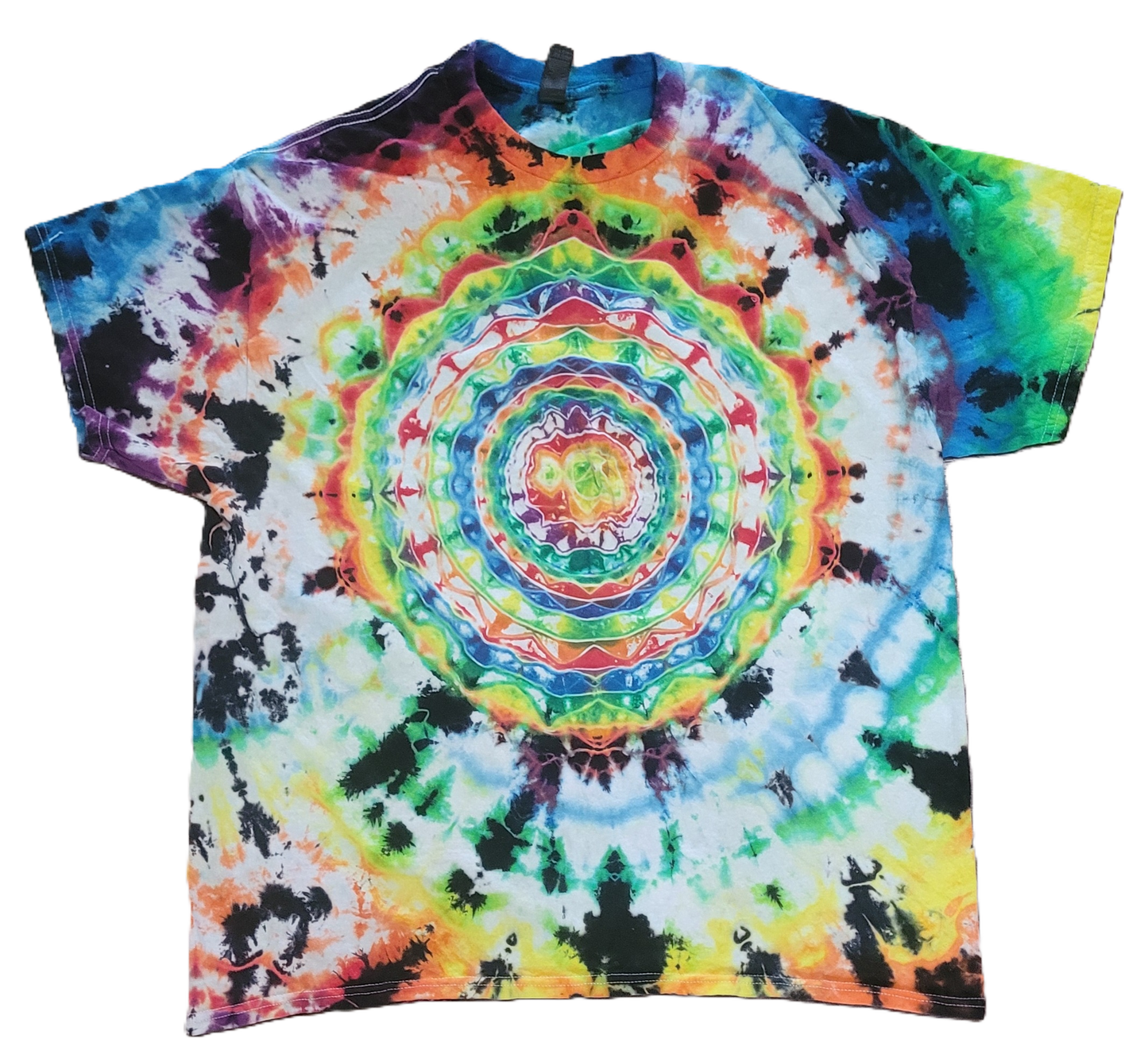 Colorful tie-dye t-shirt with a circular pattern on a white background