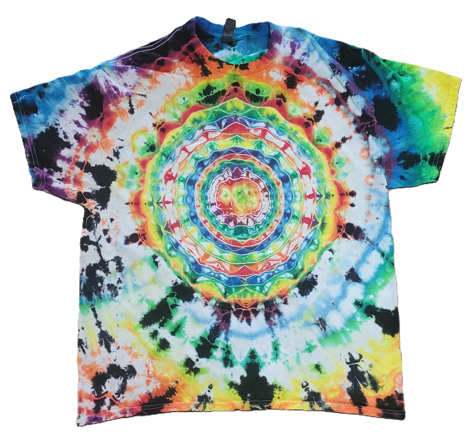 Colorful tie-dye t-shirt with a circular pattern on a white background
