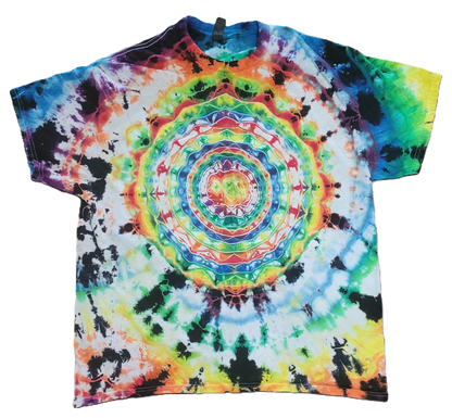 Colorful tie-dye t-shirt with a circular pattern on a white background