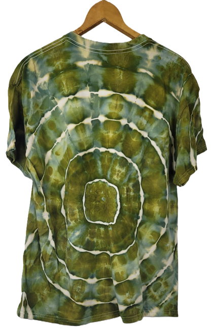 Tie-dye t-shirt with green and white spiral pattern on a hanger