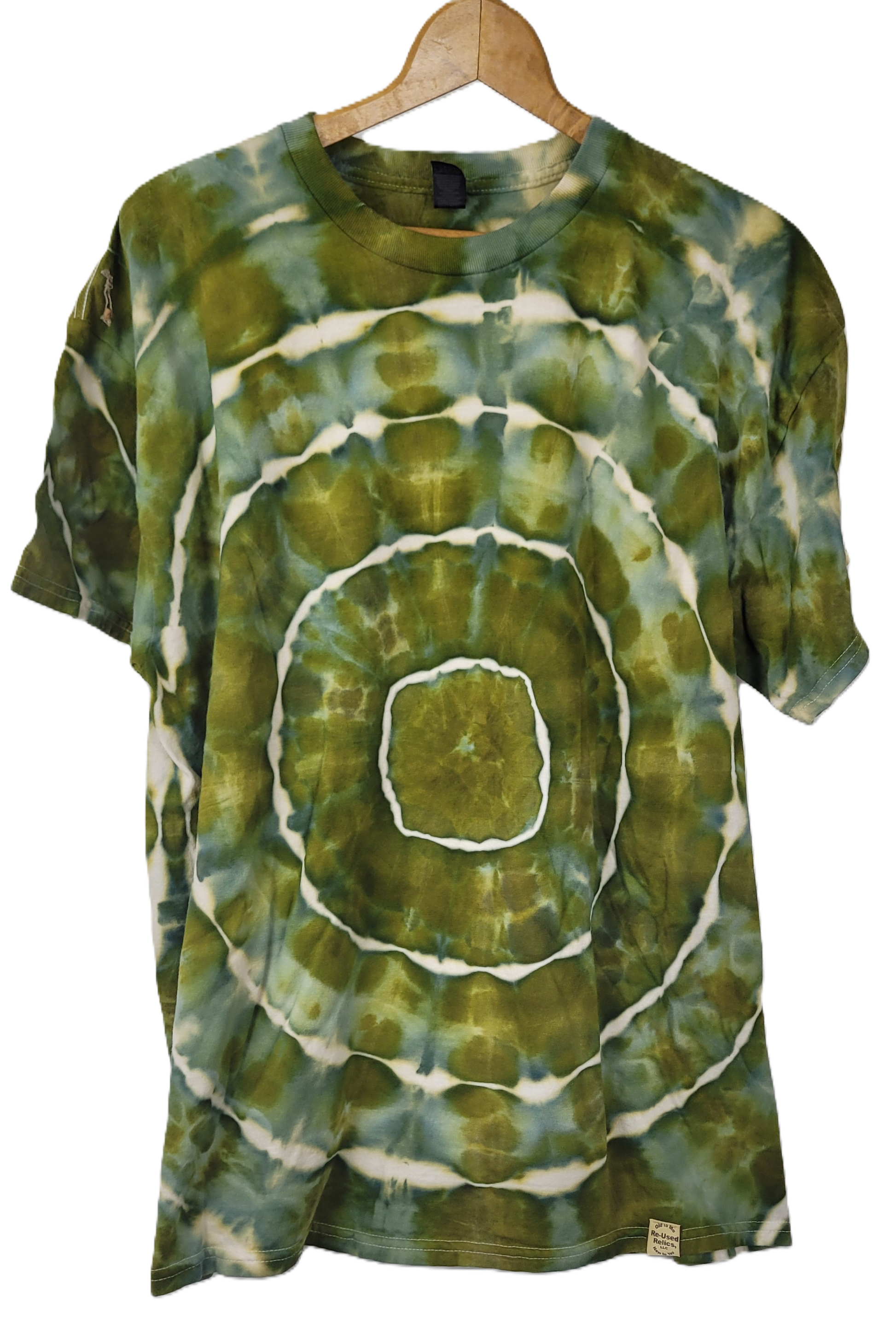 Green and white tie-dye t-shirt on a wooden hanger
