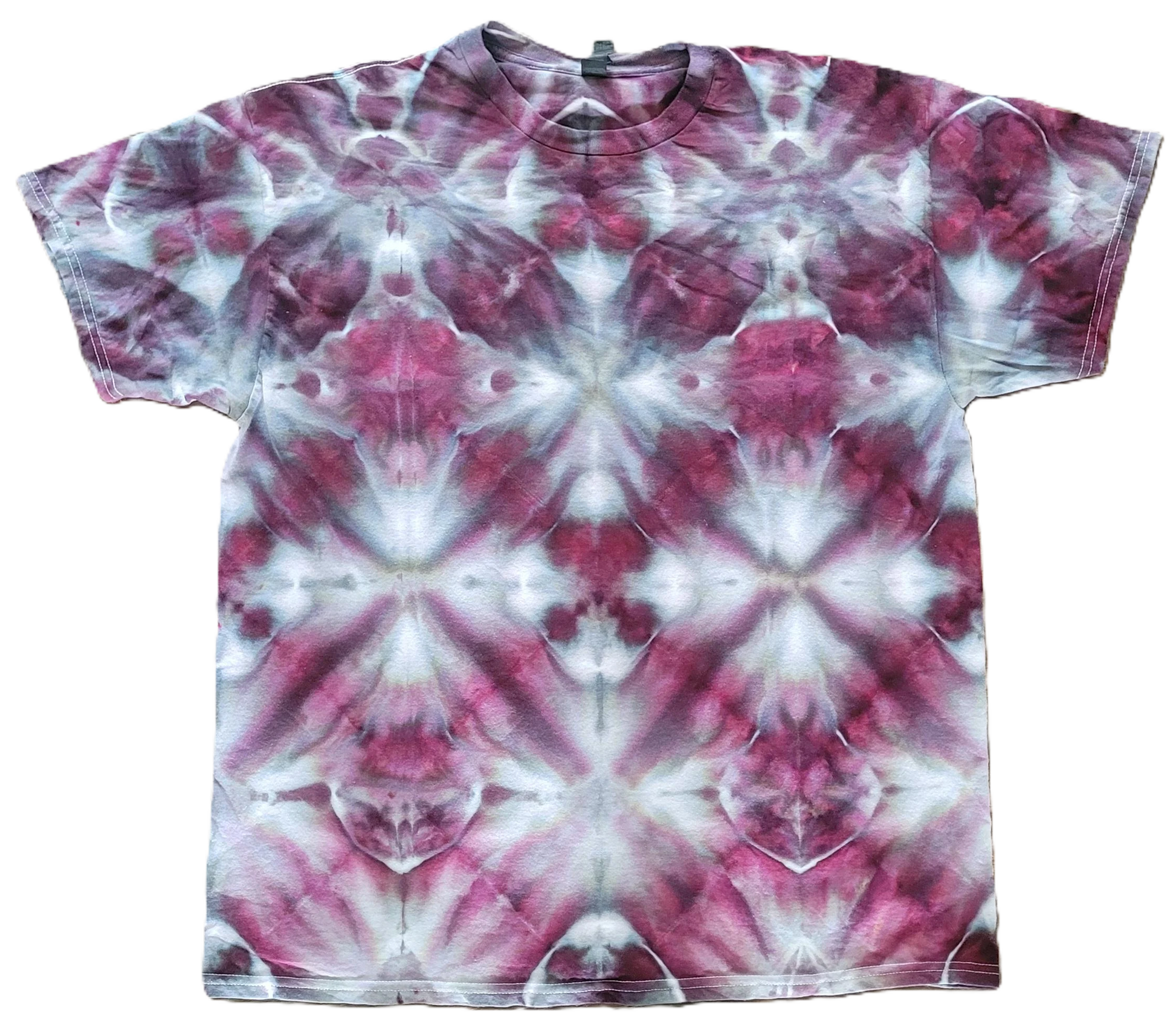 Tie-dye t-shirt with a pink and white pattern on a white background