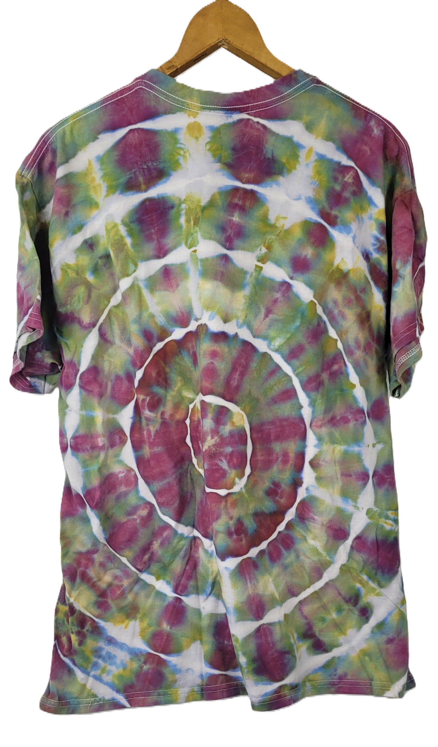 Tie-dye t-shirt with a spiral pattern on a hanger