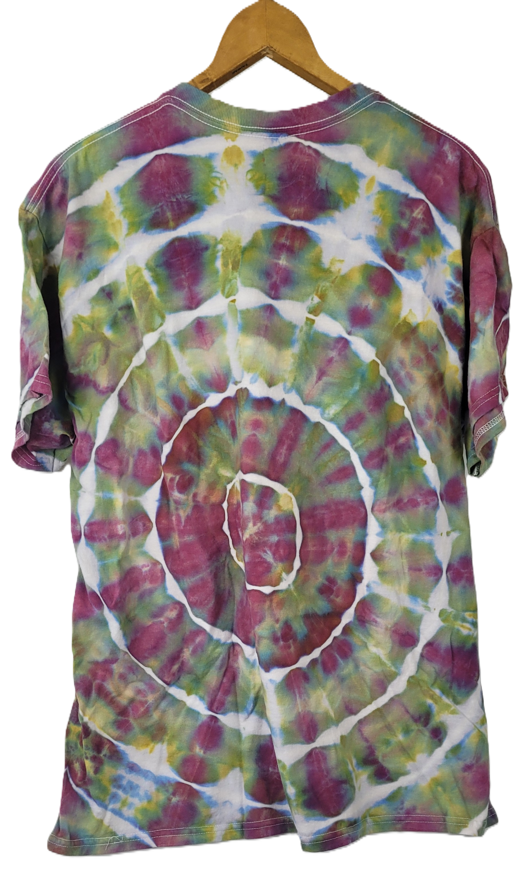Tie-dye t-shirt with a spiral pattern on a hanger