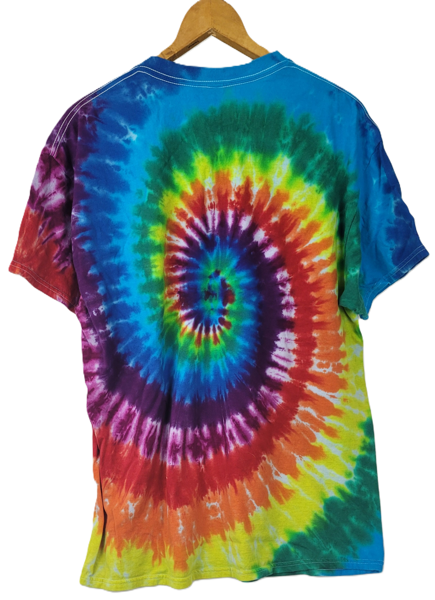 Tie-dye t-shirt with a colorful spiral pattern on a white background