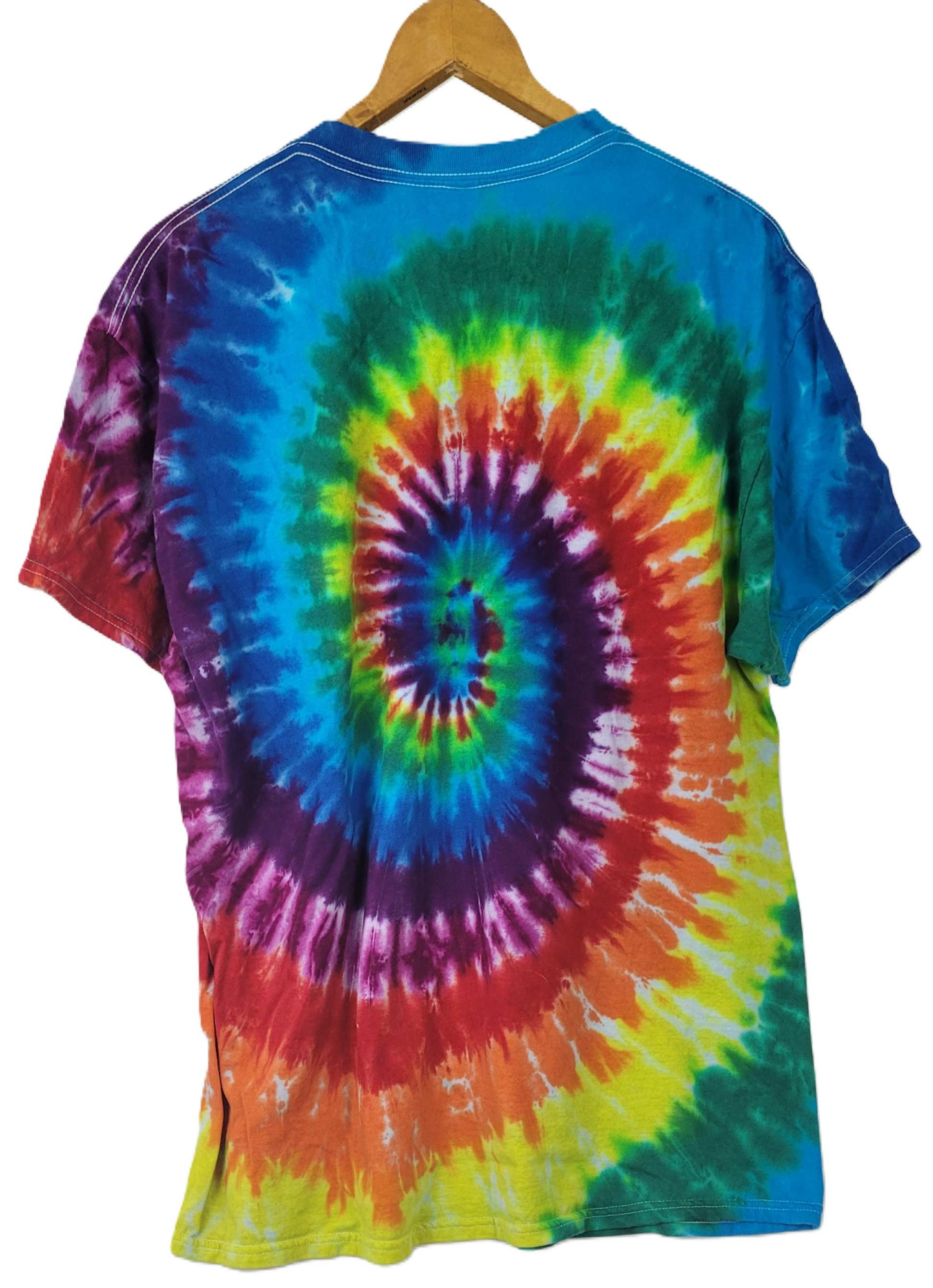 Tie-dye t-shirt with a colorful spiral pattern on a white background
