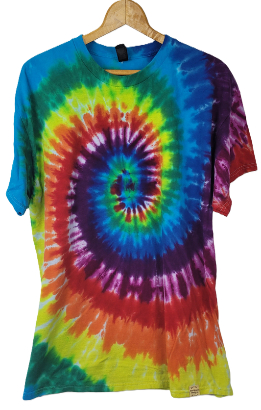 Rainbow spiral tie-dye t-shirt on hanger
