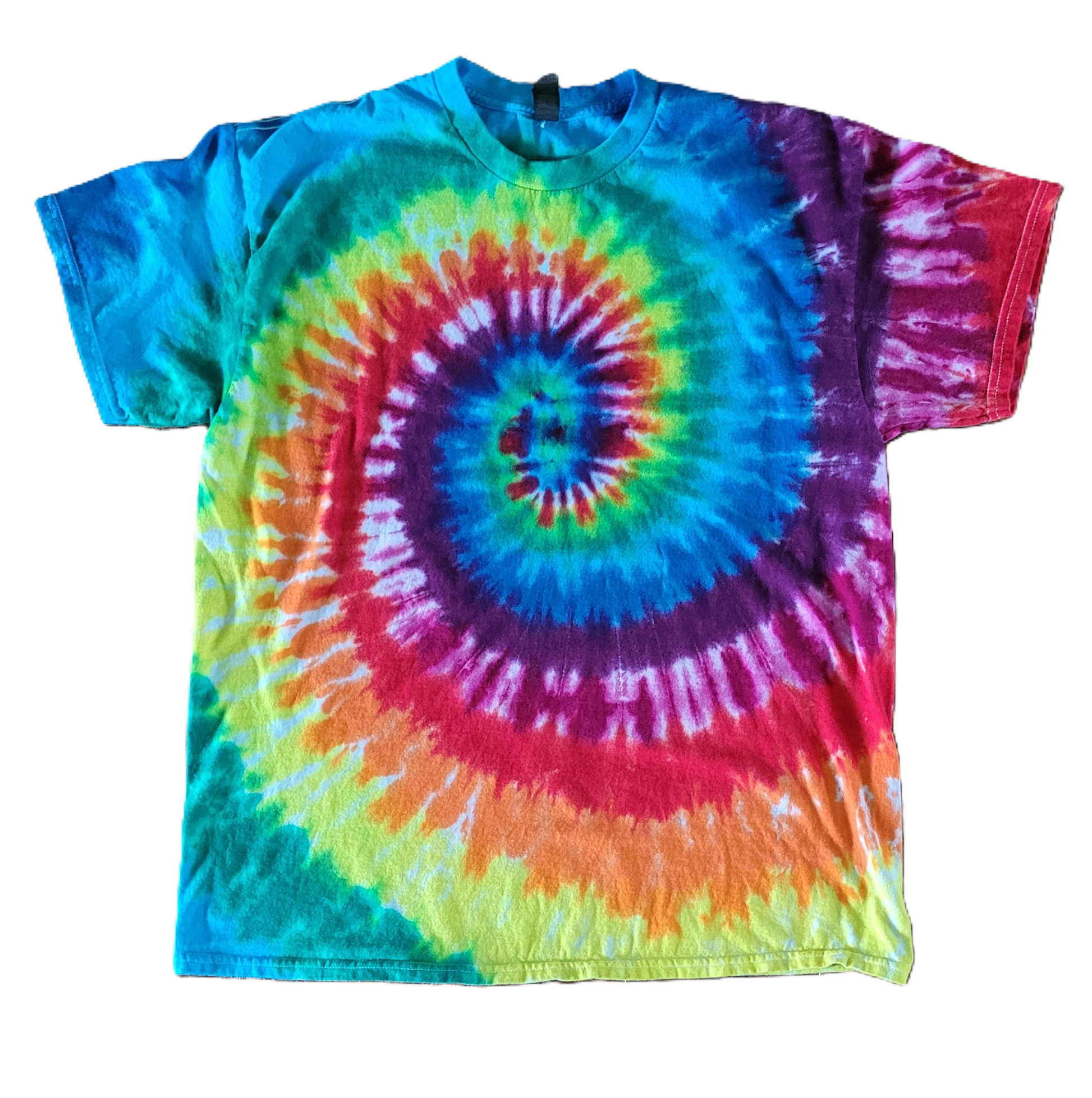 Colorful tie-dye t-shirt with a spiral pattern on a white background