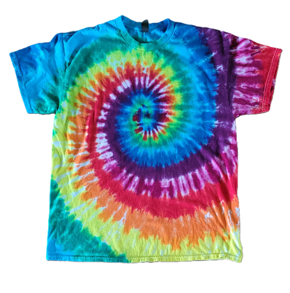 Colorful tie-dye t-shirt with a spiral pattern on a white background