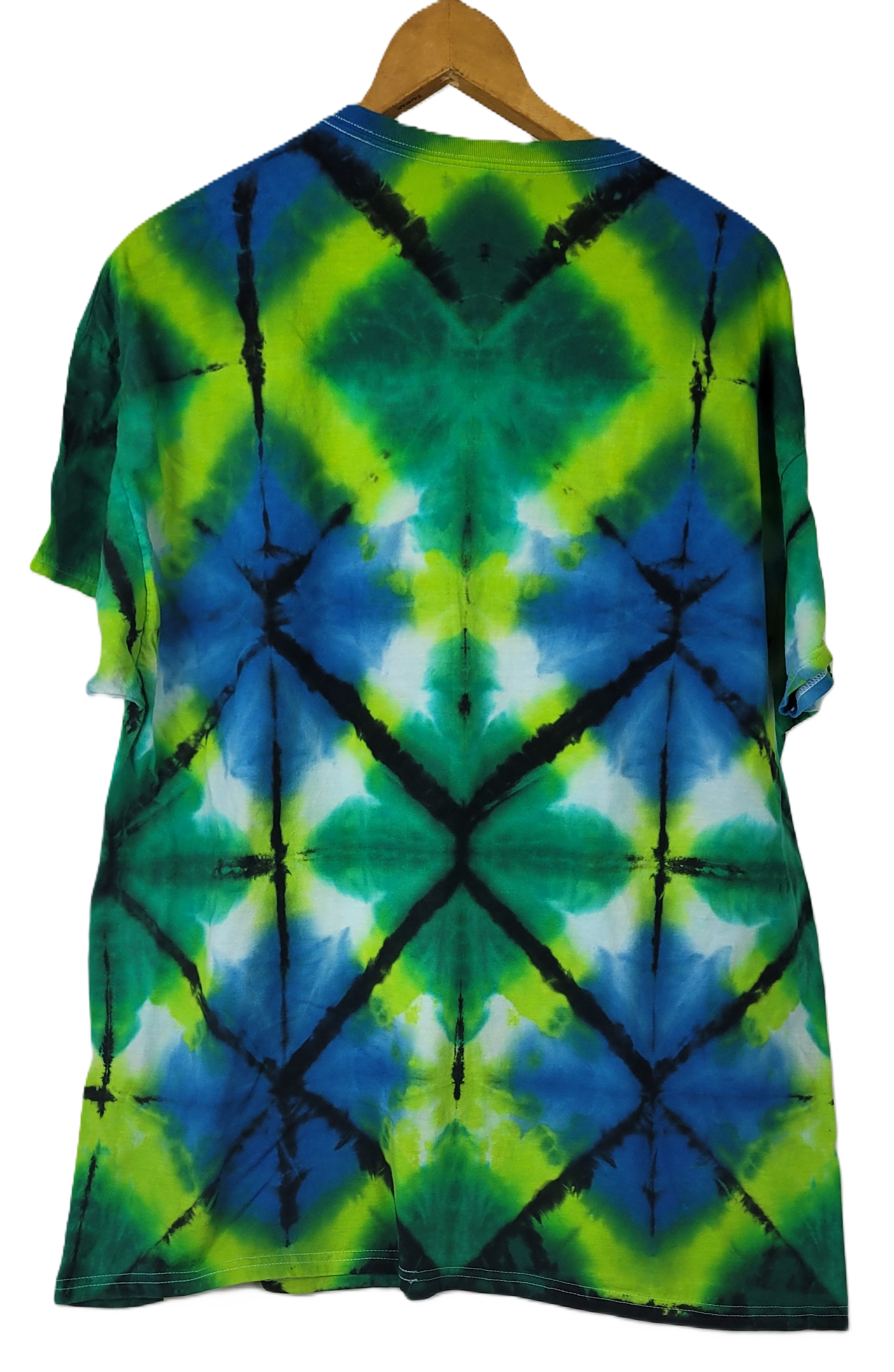 Tie-dye t-shirt with green, blue, and black pattern on a white background