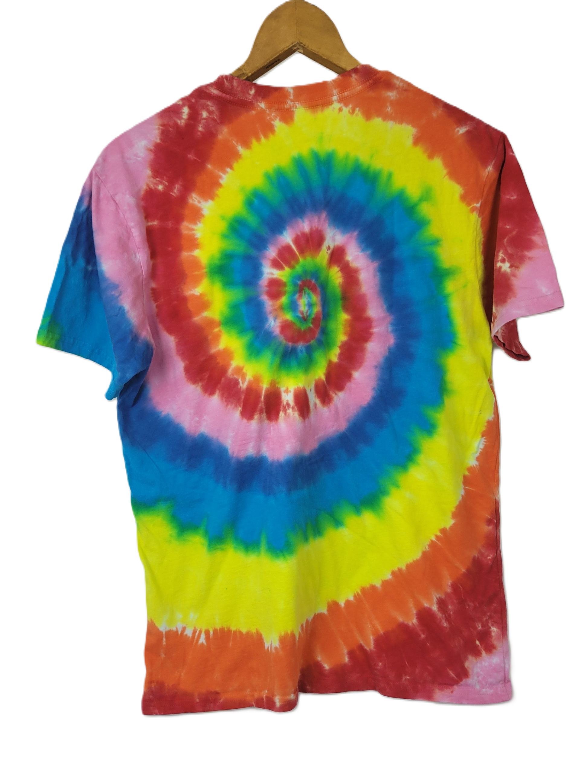 Colorful tie-dye t-shirt on a hanger with a white background