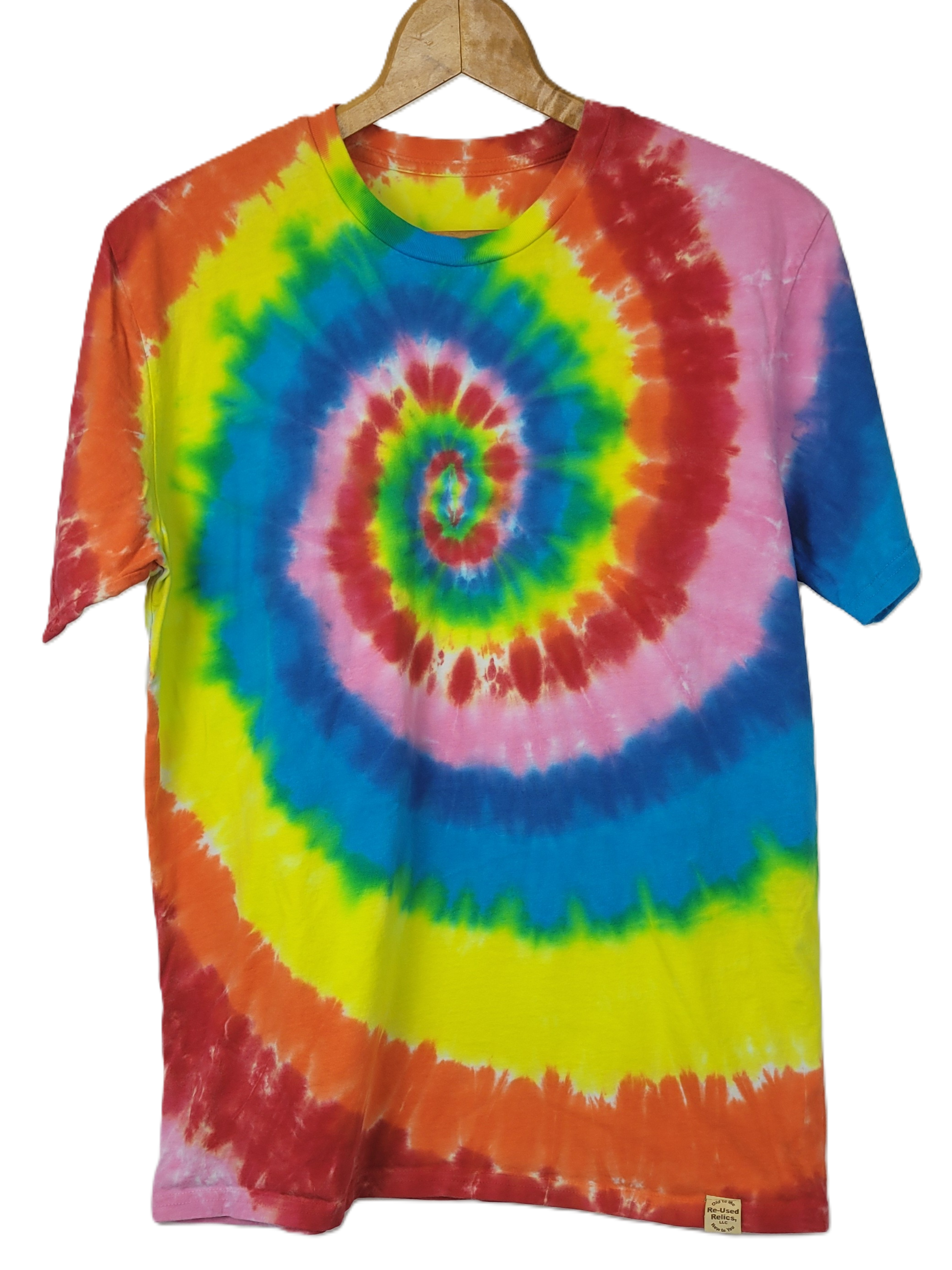 Tie-dye t-shirt with a spiral pattern on a hanger against a white background
