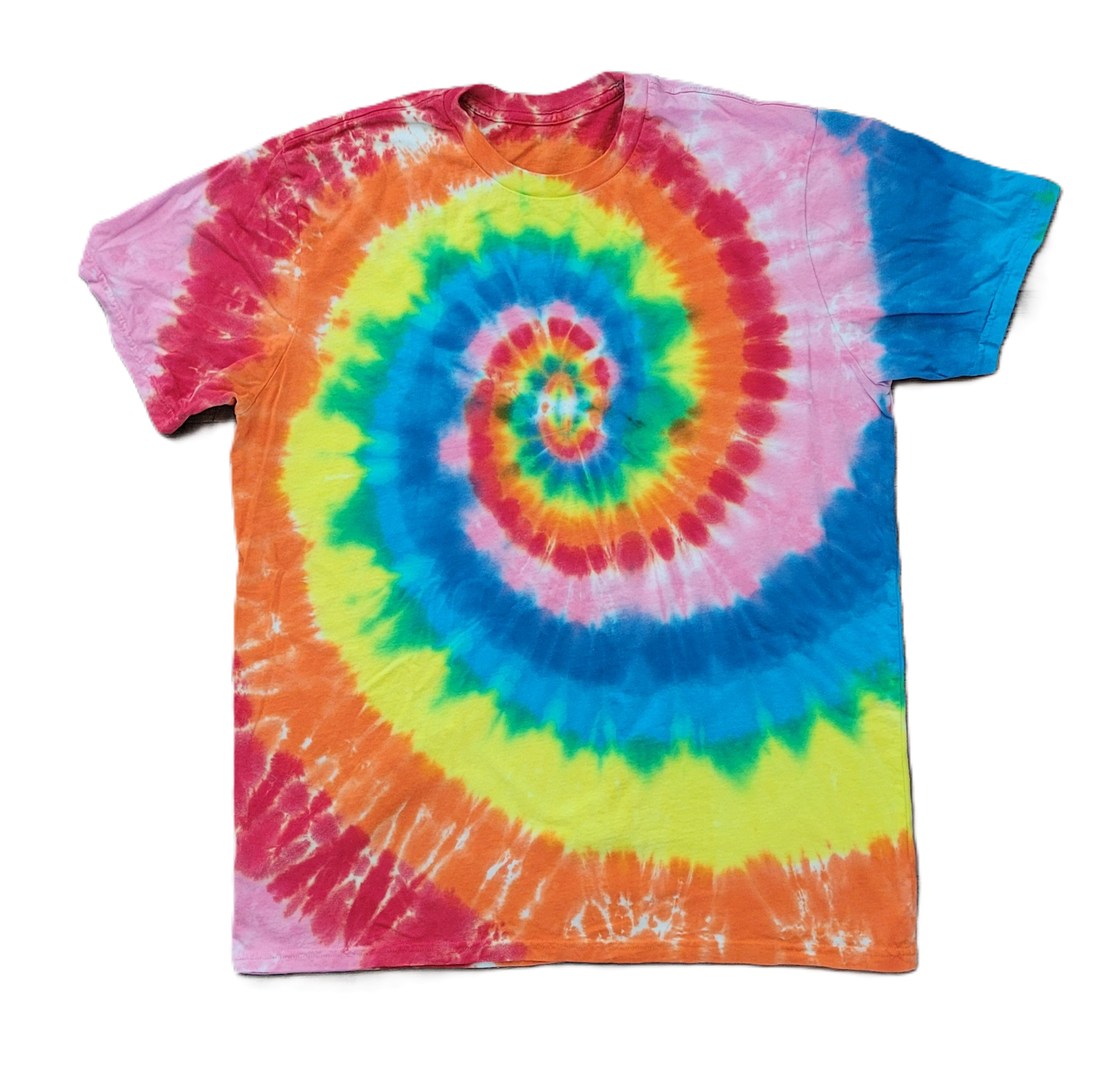 Colorful tie-dye t-shirt with a spiral pattern on a white background
