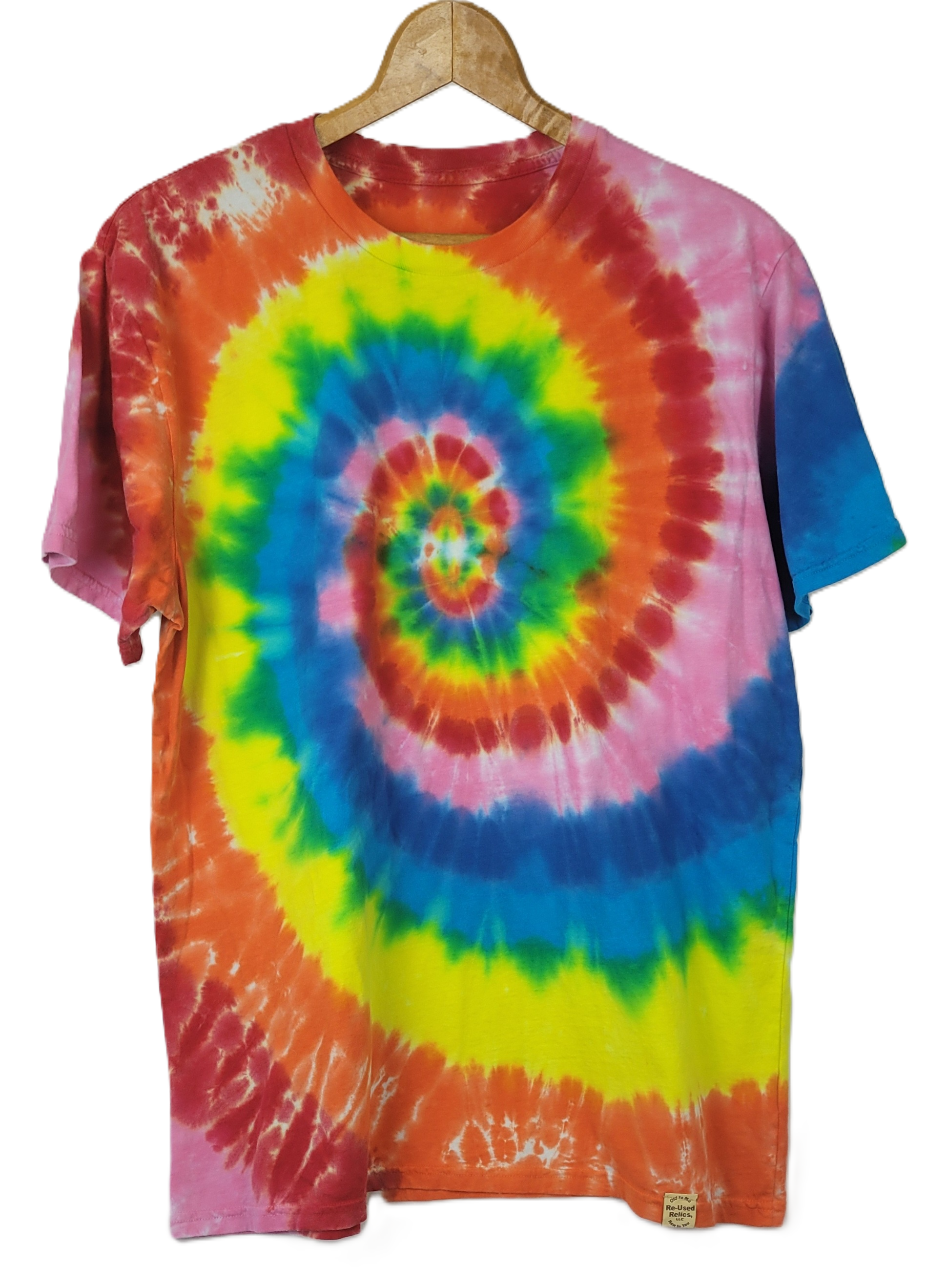 Colorful tie-dye t-shirt on a hanger with a white background