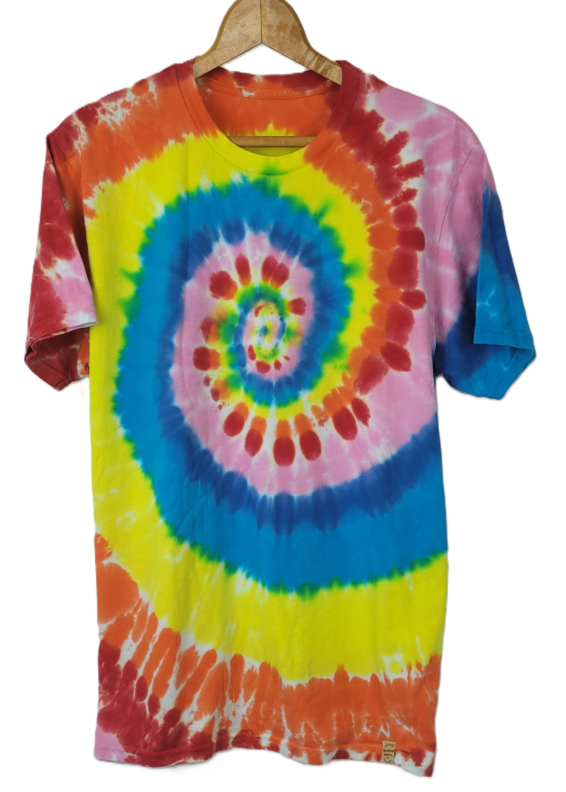 Tie-dye t-shirt with a colorful spiral pattern on a hanger against a white background