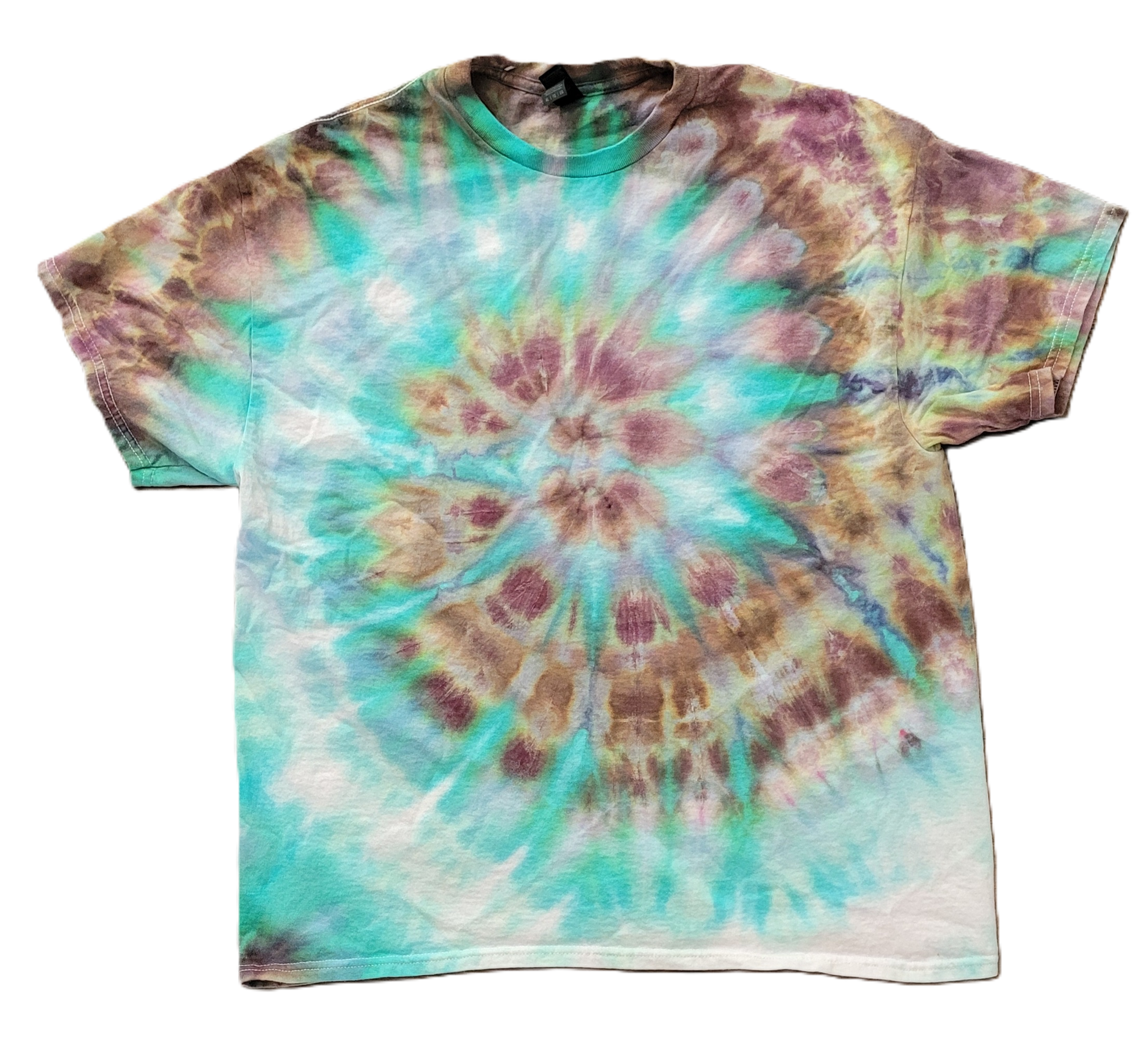 Tie-dye t-shirt with a multicolored spiral pattern on a white background