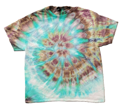Tie-dye t-shirt with a multicolored spiral pattern on a white background