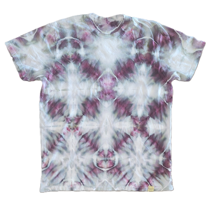 Tie-dye t-shirt with a white and purple pattern on a white background