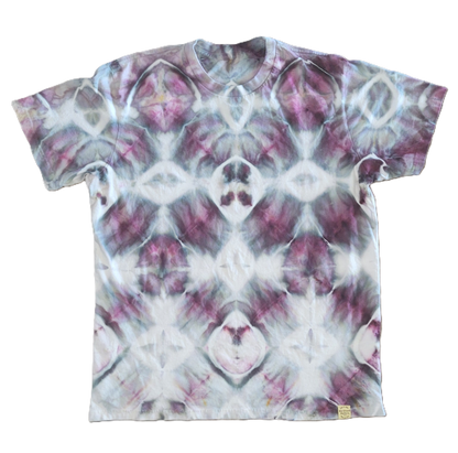 Tie-dye t-shirt with a geometric pattern on a white background