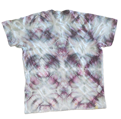 Tie-dye t-shirt with a swirling pattern of pink, purple, and white on a white background