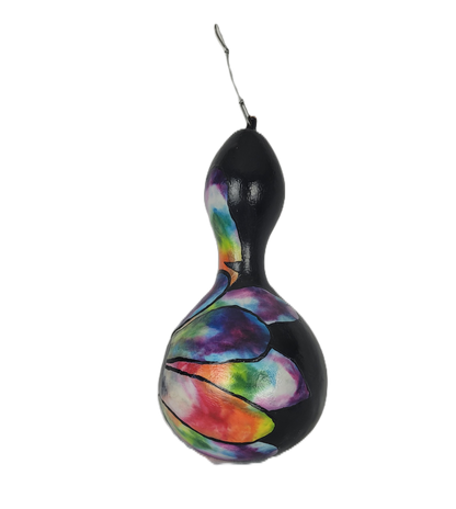 Black gourd-shaped ornament with colorful butterfly design on a white background