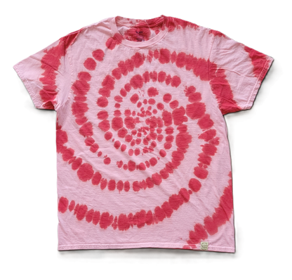 Pink and red tie-dye t-shirt on a white background