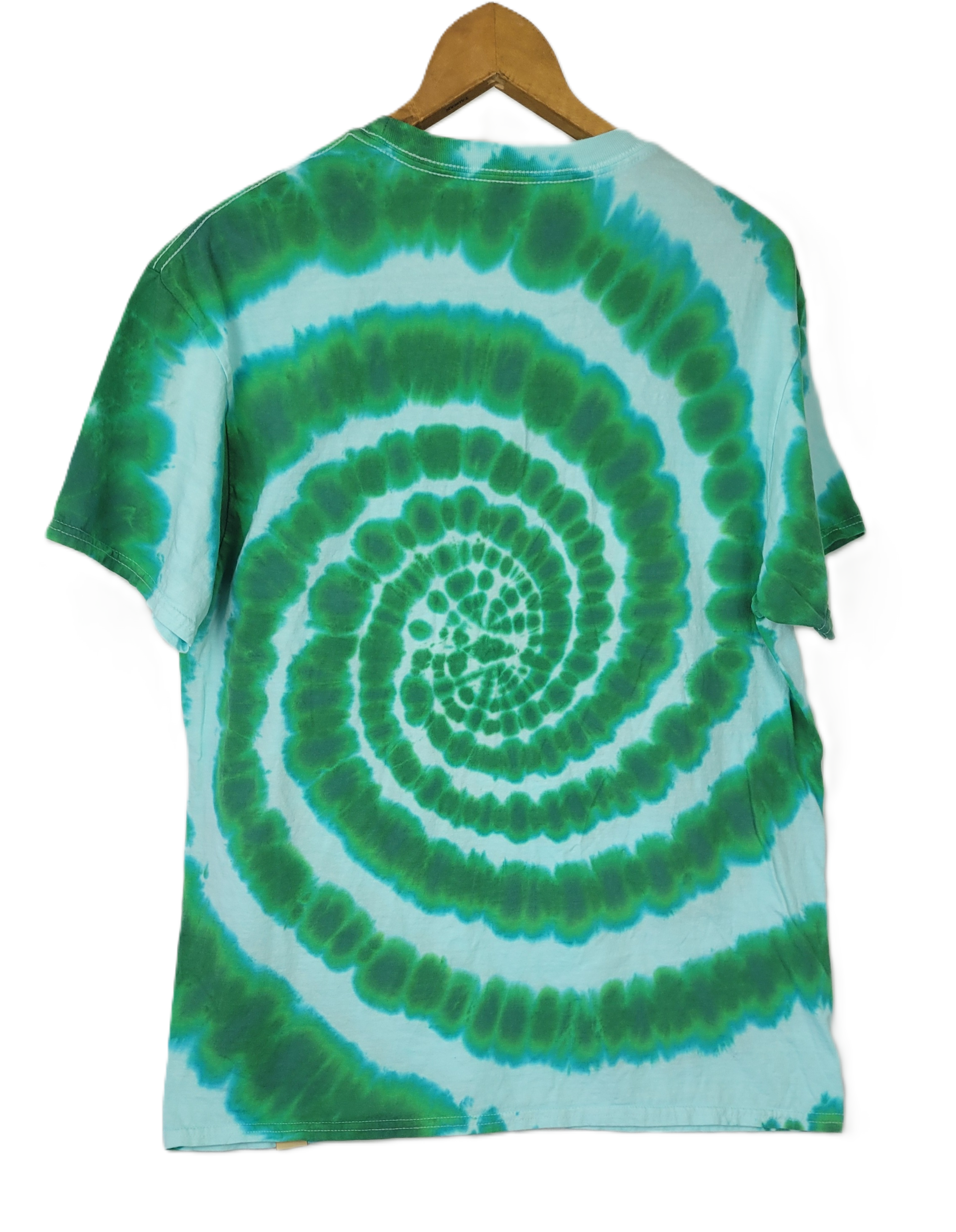 Tie-dye t-shirt with green and white spiral pattern on a hanger