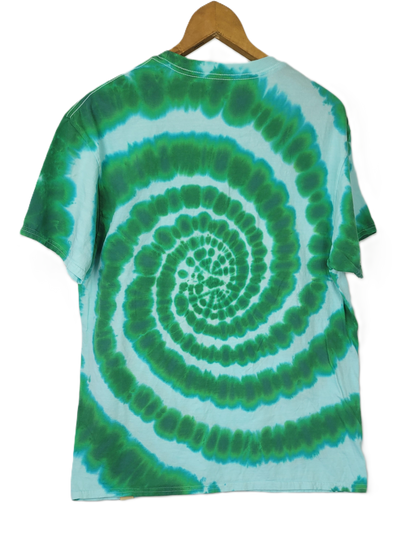 Tie-dye t-shirt with green and white spiral pattern on a hanger
