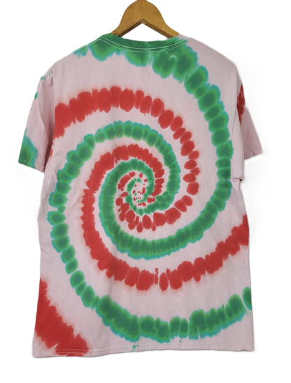 Tie-dye t-shirt with green and red spiral pattern on a white background