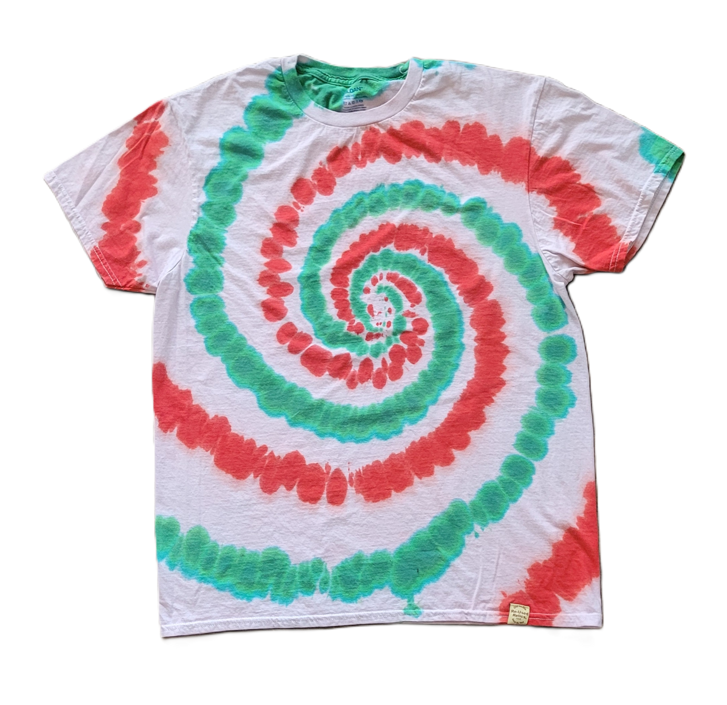 Tie-dye t-shirt with red and green spiral pattern on a white background