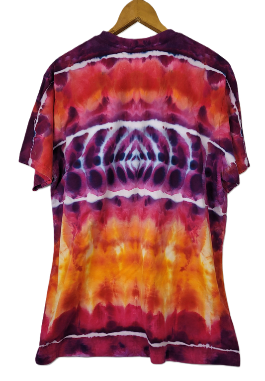 Tie-dye t-shirt with a geometric pattern on a white background