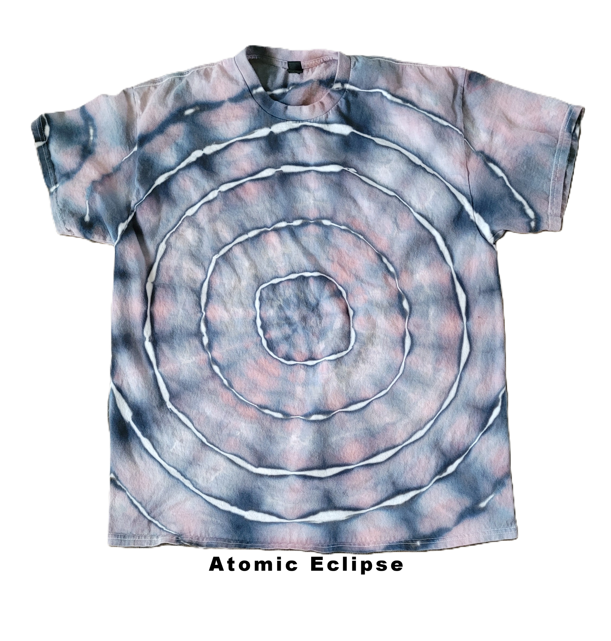 T-shirt with a spiral design labeled 'Atomic Eclipse' on a white background