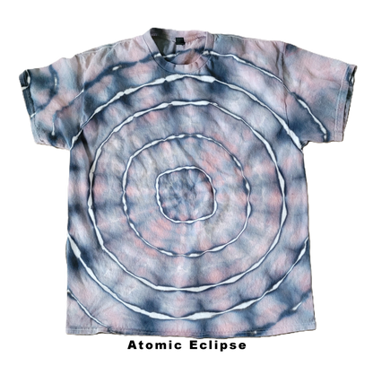T-shirt with a spiral design labeled 'Atomic Eclipse' on a white background