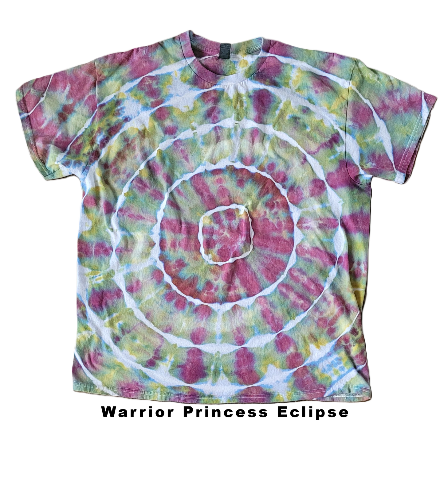 Tie-dye shirt with spiral pattern and 'Warrior Princess Eclipse' text on a white background
