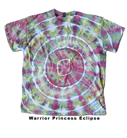 Tie-dye shirt with spiral pattern and 'Warrior Princess Eclipse' text on a white background