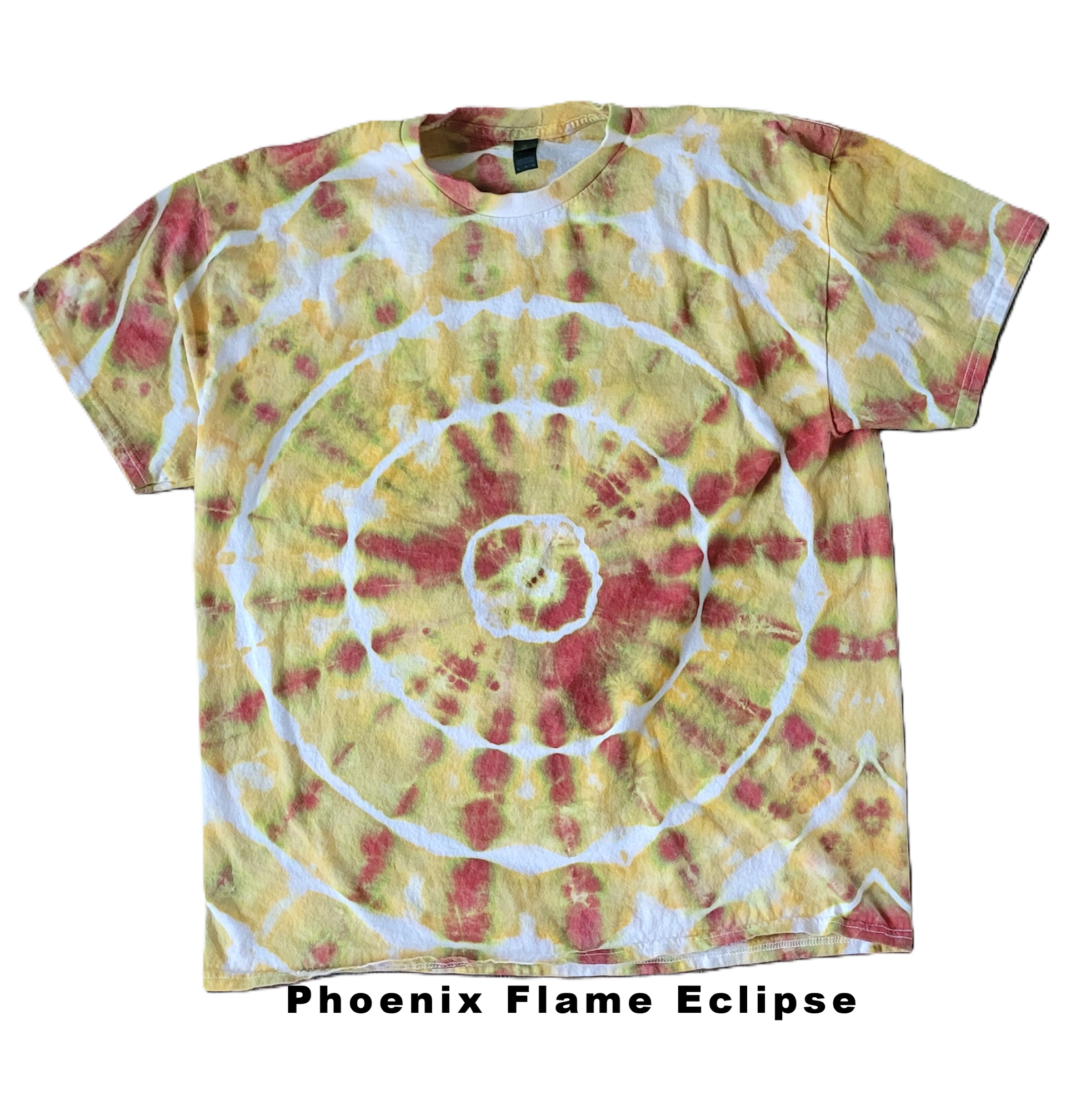 Tie-dye t-shirt with Phoenix Flame Eclipse design on a white background