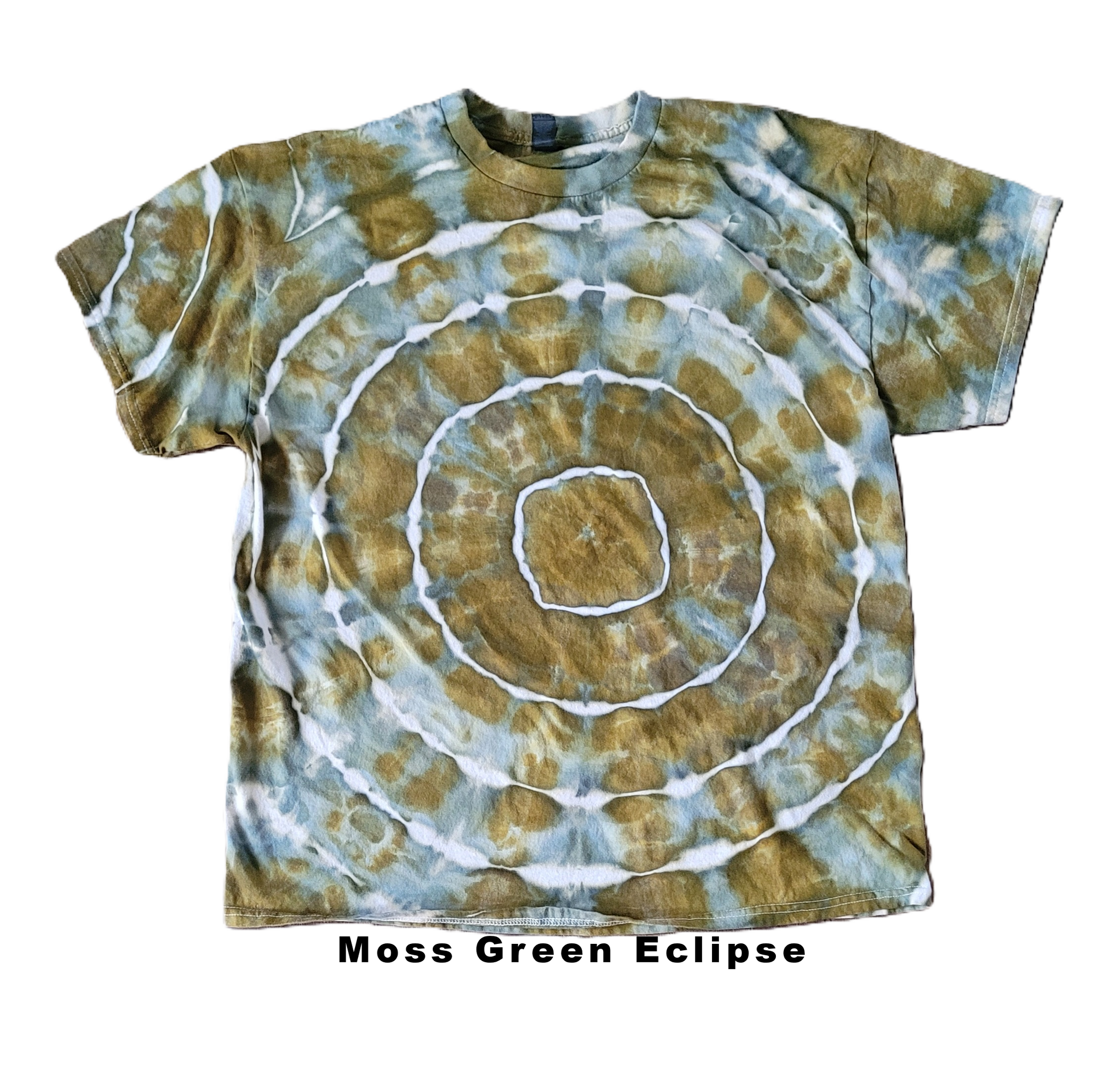 T-shirt with a spiral tie-dye pattern in brown and white on a white background