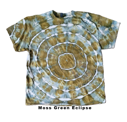 T-shirt with a spiral tie-dye pattern in brown and white on a white background