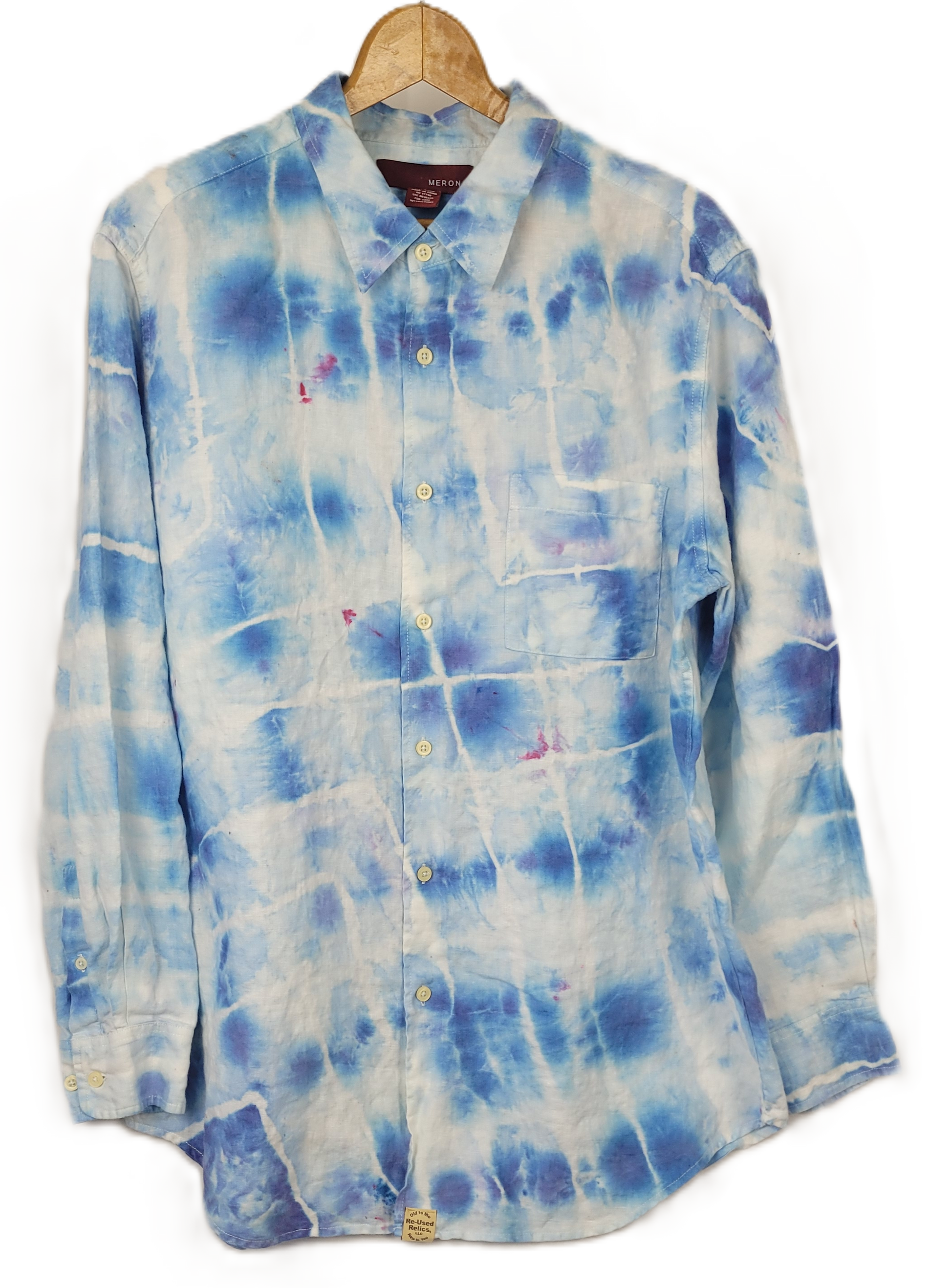 Azure Lattice Upcycled Tie-Dye Linen Shirt - Adult, Men's, Size Large - Re-Used Relics