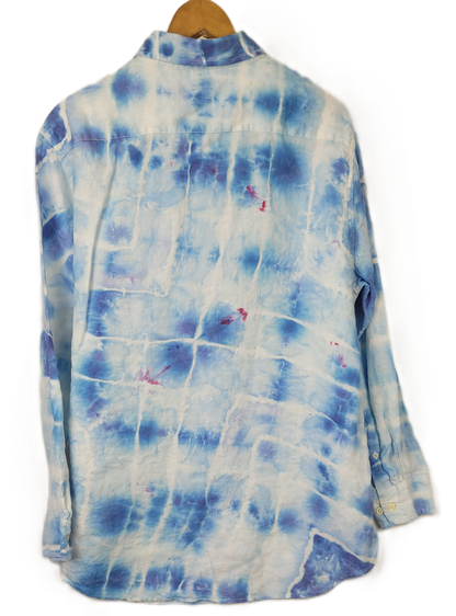 Azure Lattice Upcycled Tie-Dye Linen Shirt - Adult, Men's, Size Large - Re-Used Relics