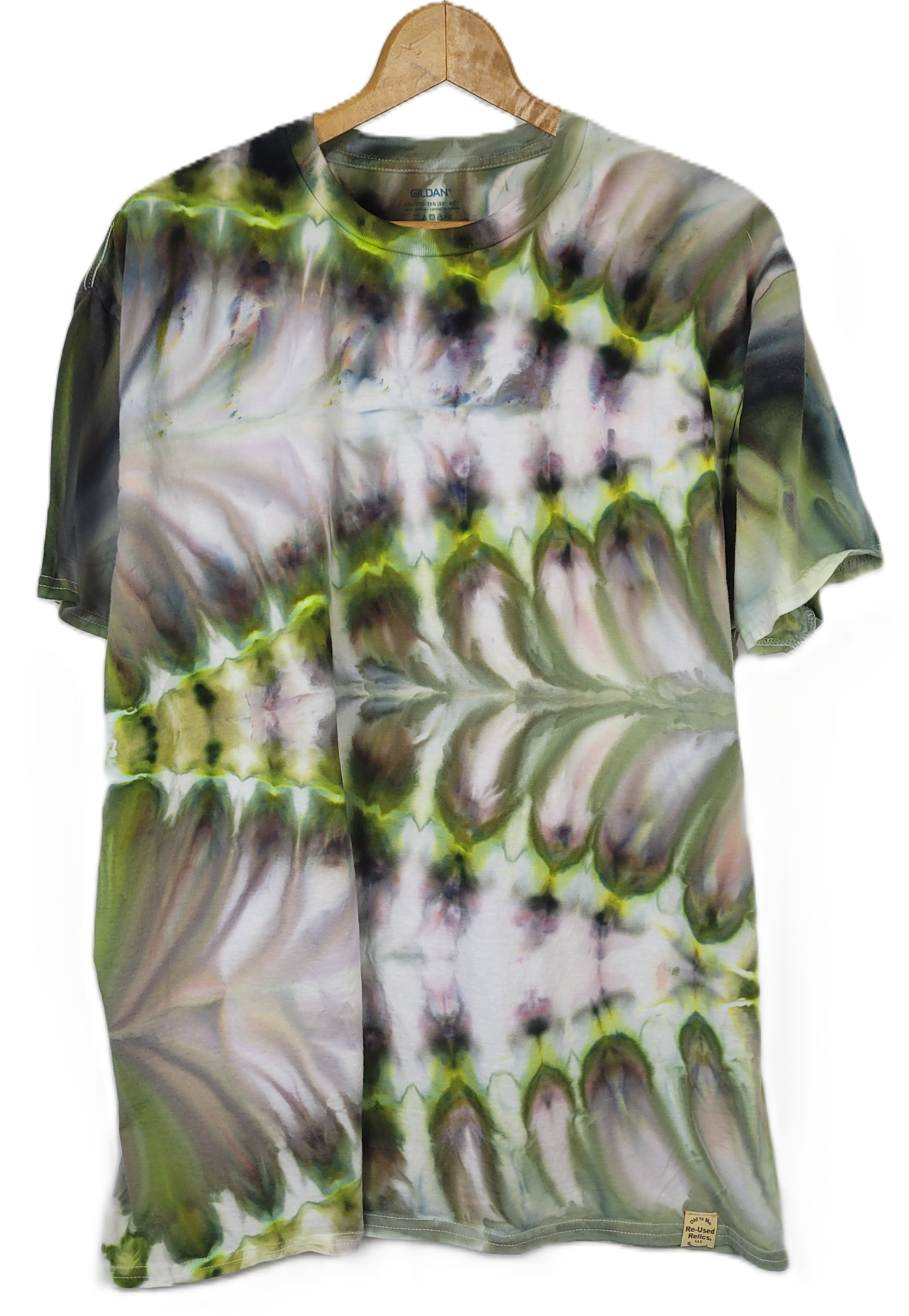 Tie-dye t-shirt on a wooden hanger