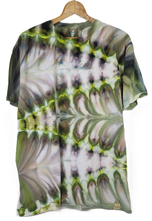 Tie-dye t-shirt on a wooden hanger