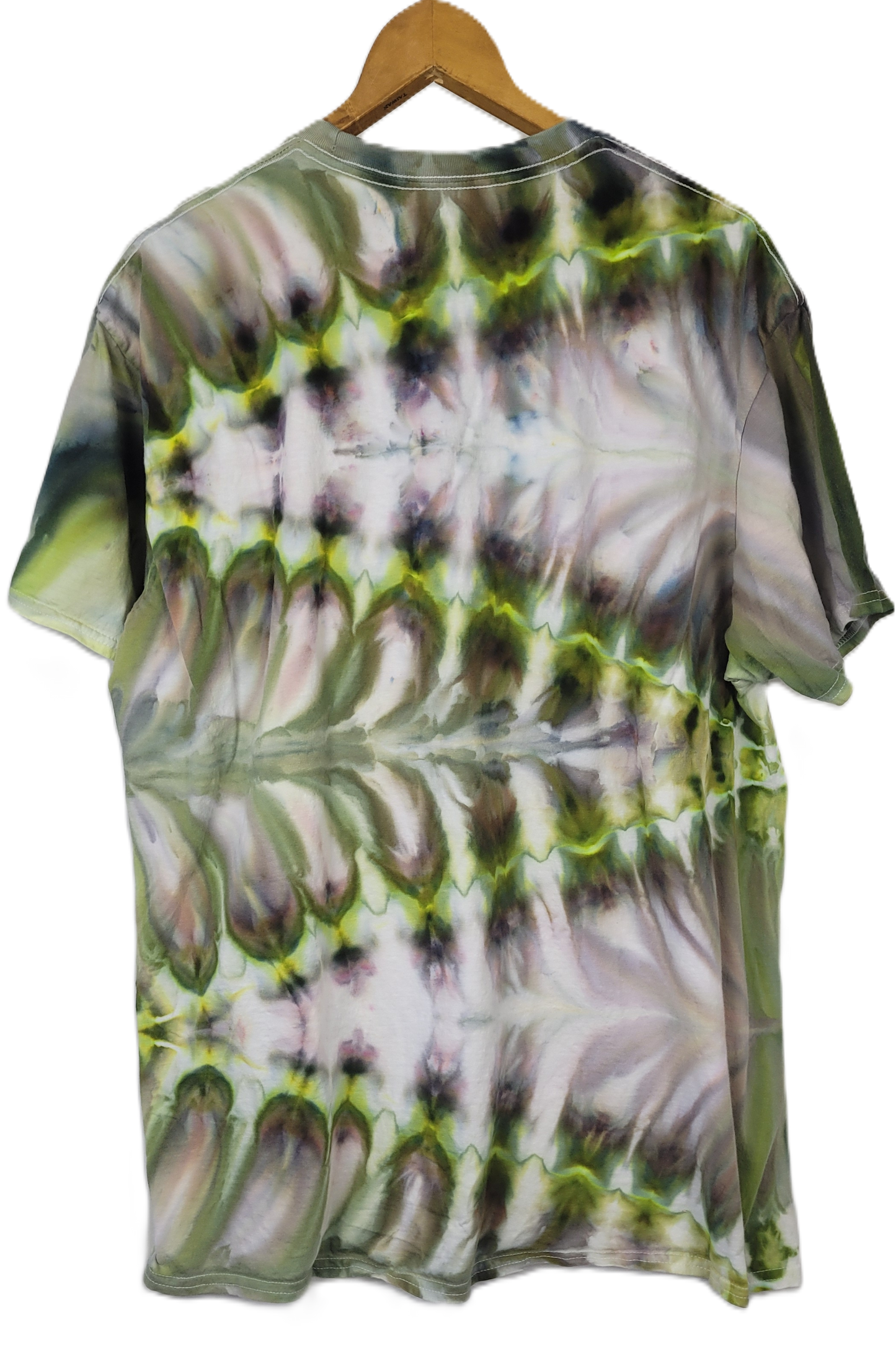 Tie-dye t-shirt on a wooden hanger with a white background